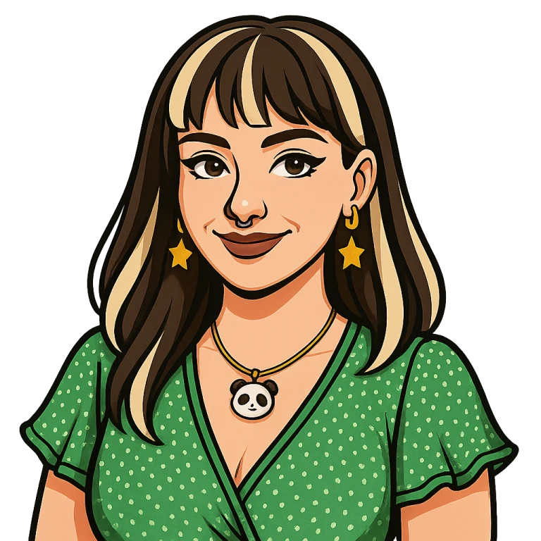 Calli, illustrated in a green polka-dot top with a panda necklace