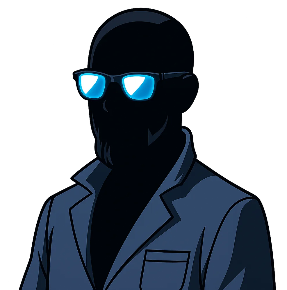 John, in silhouette with glowing glasses