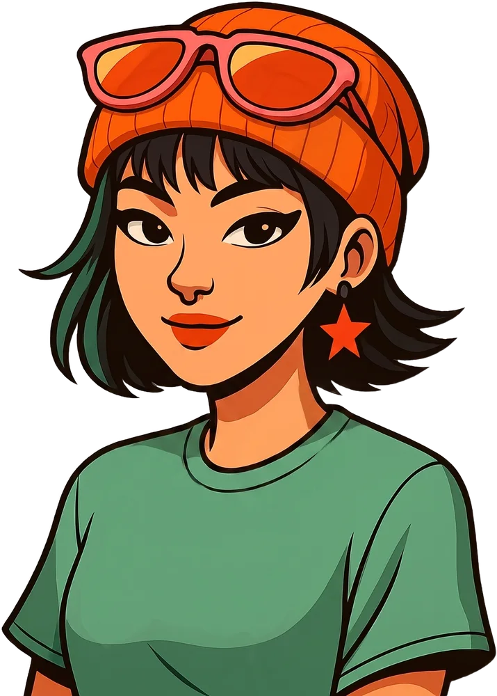 Gum, in an orange beanie with sunglasses