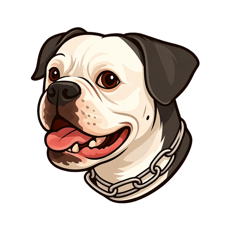 Lottie, a black-and-white bulldog with a chain collar