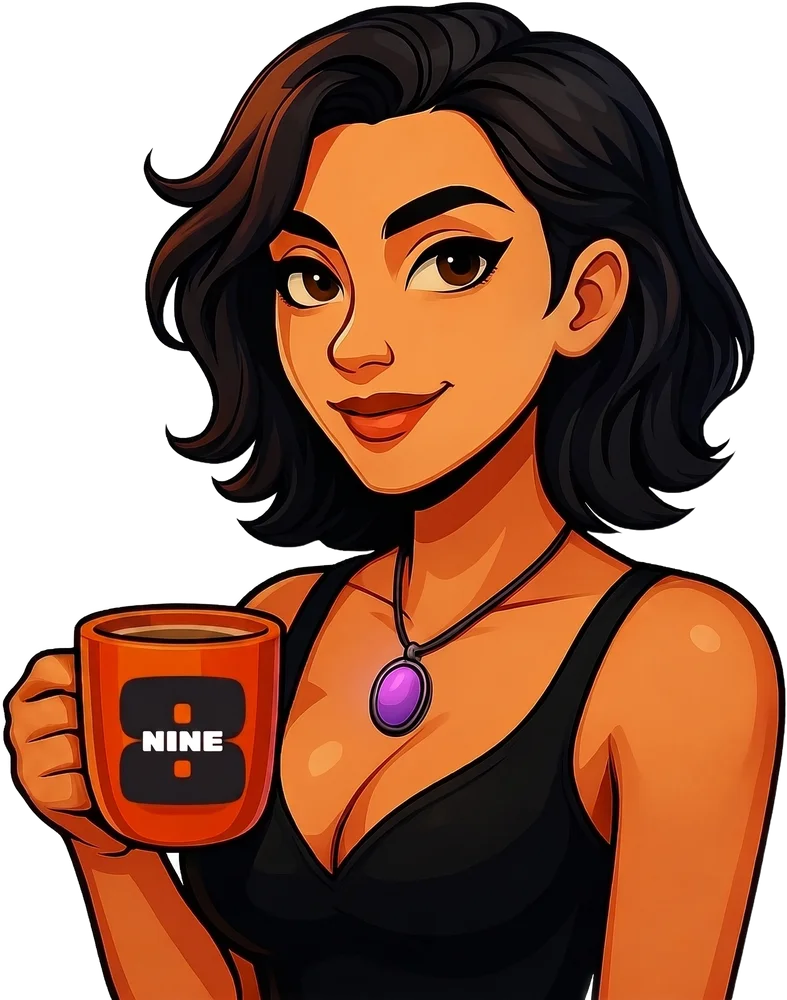 Tessa holding a Nine8 coffee mug