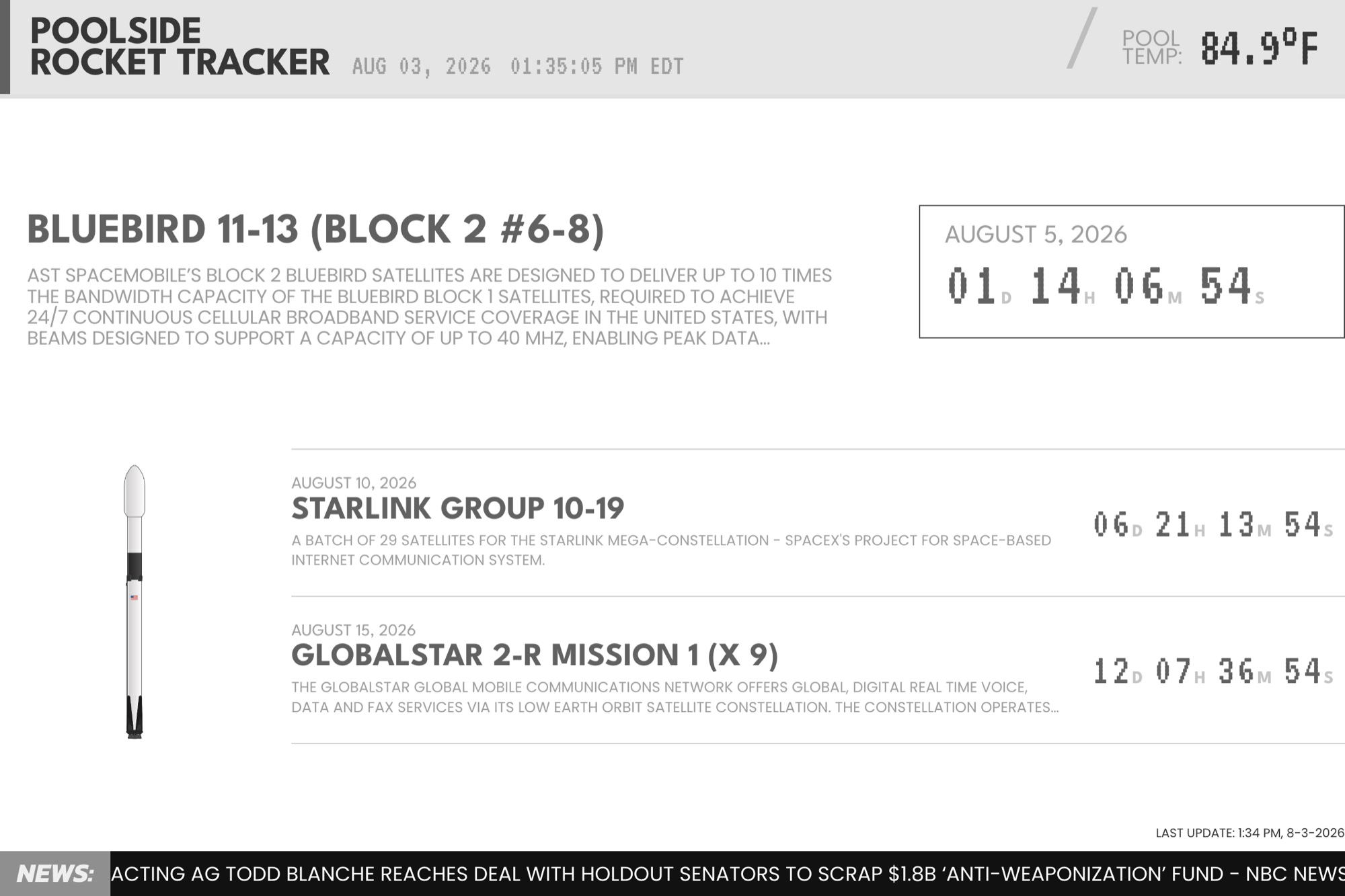 The Poolside Rocket Tracker interface showing three upcoming launches with live countdowns