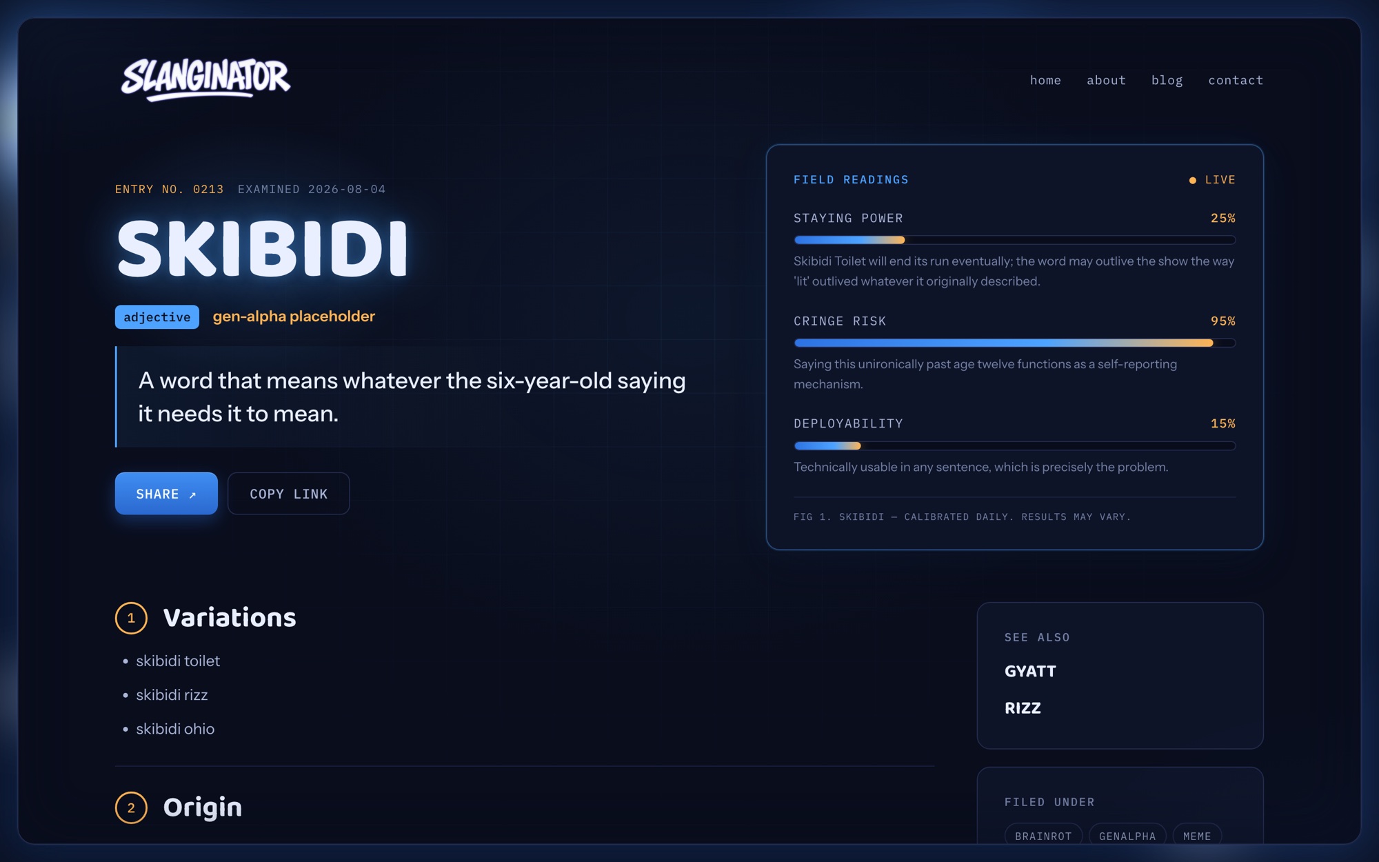 The SKIBIDI dictionary entry, NO. 0213, with FIELD READINGS gauges for staying power, cringe risk, and deployability