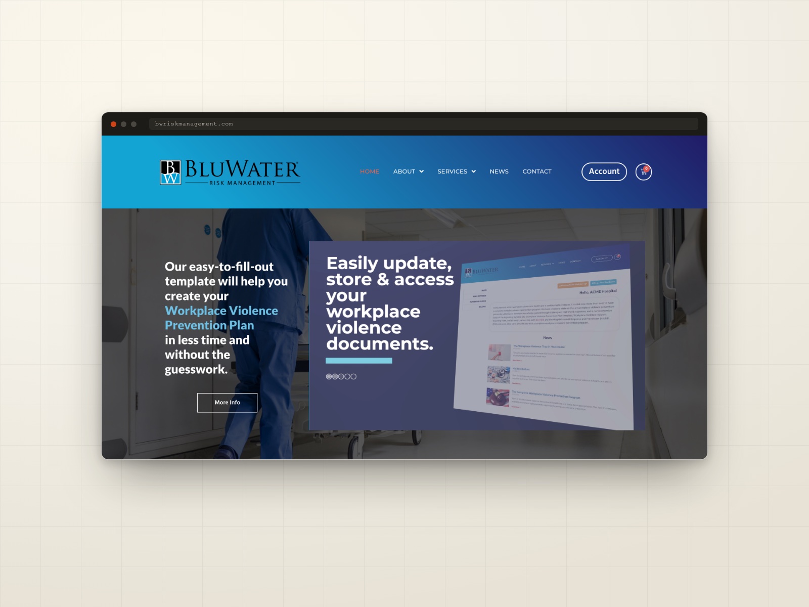 BluWater Risk Management website shown in a browser frame