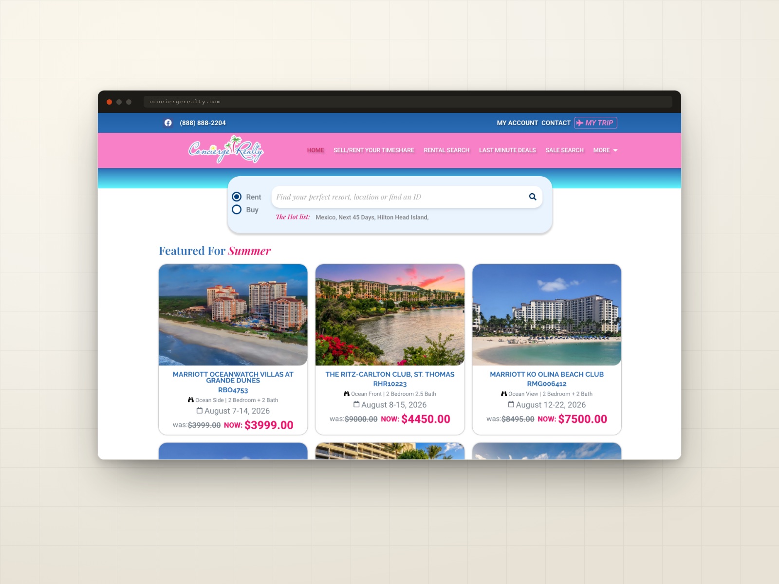 Concierge Realty timeshare marketplace website shown in a browser frame
