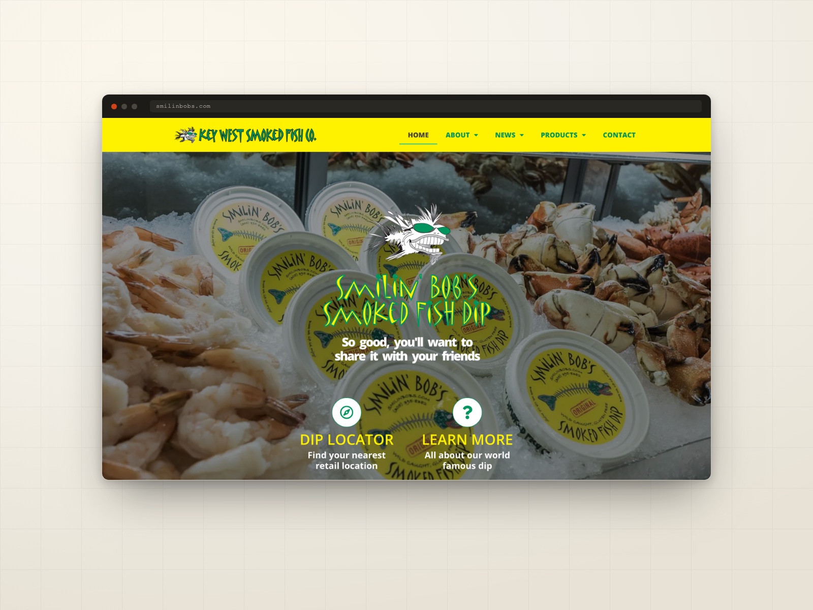 Smilin' Bob's Smoked Fish Dip website shown in a browser frame